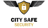 A logo with a gold shield and a white padlock in the center. The shield has black and gray wings extending from both sides. Below, the text reads "CITY SAFE SECURITY" with "CITY SAFE" in black and "SECURITY" in gold.