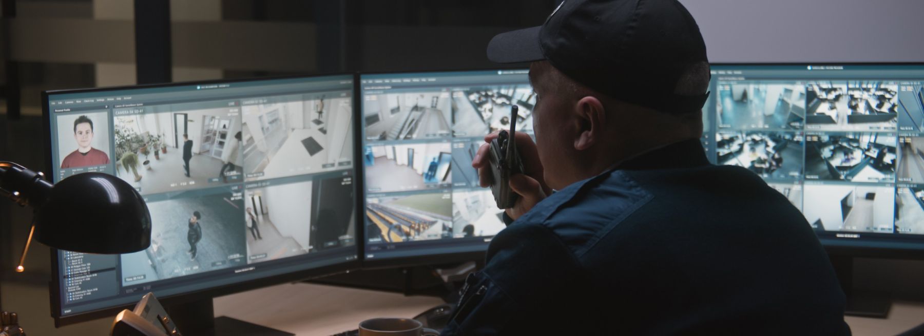 A security officer in a dark uniform and cap monitors multiple security camera feeds on three large computer screens. The screens display various indoor locations, and the officer appears to be speaking into a walkie-talkie.